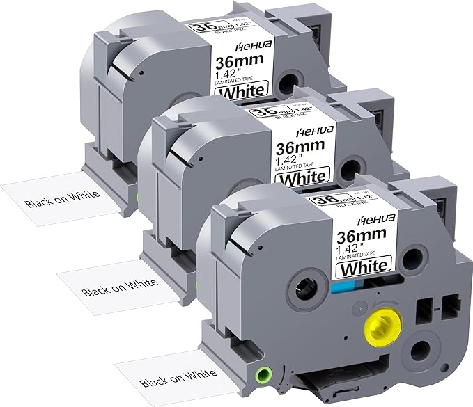 Hehua 36mm 1.4 inch Laminated White Tape Compatible for Brother P-Touch TZe-261 TZe261 TZ-261 TZ261 TZe TZ Label Tape for Ptouch PT 3600 530, 1.4'' x 26.2ft Black on White, 3 Pack