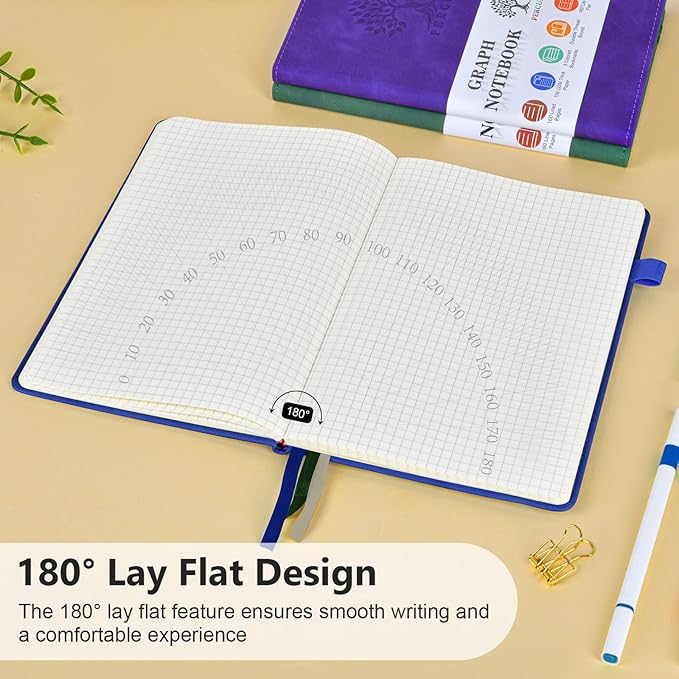 PERCUN Graph Paper Notebook, 160 Pages Grid Journal for women & men, A5 Hardcover Leather Graphing Notebook for School, Work, Travel, Note Taking 5.9”x8.5” (Navy)