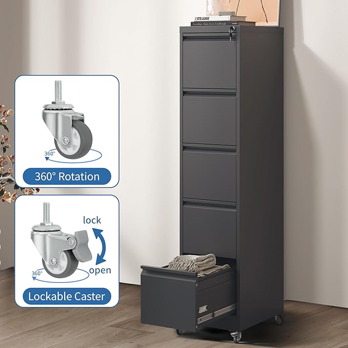 5 Drawer Mobile File Cabinet, Metal Filing Cabinet with Lock and Wheels, Home Office Rolling File Cabinets for Legal/Letter Hanging File Folders, Un-Assembled (Black)