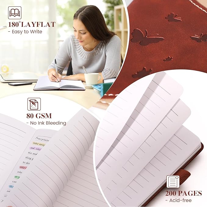 Lined Journal Notebook, A5 Hardcover Leather Journal for Men Women, 200 Pages 100 GSM Thick Paper, Journaling Notebooks for Work School Travel Note Taking, Beige & Brown