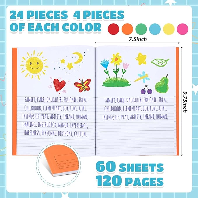 Henoyso 24 Pcs 120 Pages Primary Composition Notebooks K-2 9 3/4 x 7 1/2 Inch Journals Primary Journals Blank Books for Kids to Write Stories Kindergarten (Colorful)