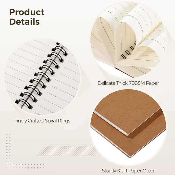 Lnrueg 48 Pcs A5 Spiral Notebooks - Brown Kraft Paper Cover Notebooks, Hardcover Lined Notebooks, Sturdy Travel Journals with Smooth 70GSM Paper for School, Office, Travel, 100 Pages
