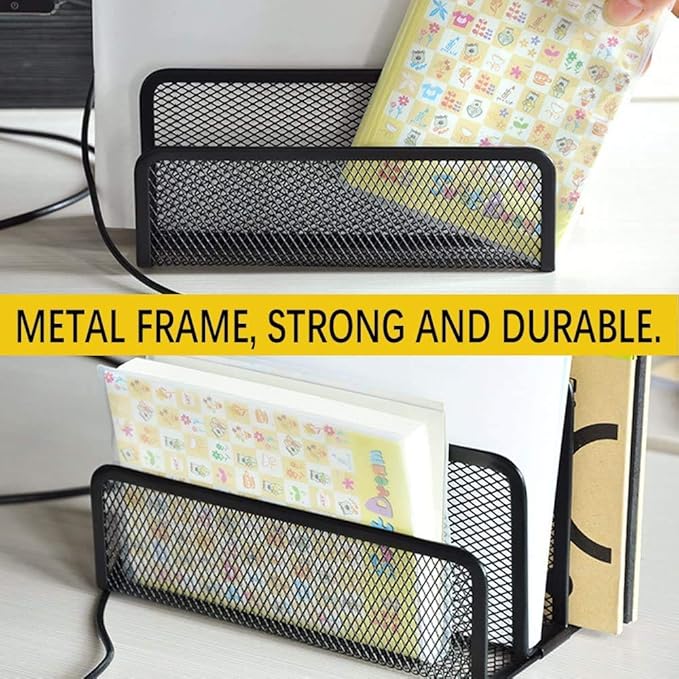 wishacc Folder Holder Desk, 2 Pack Mail Organizer Letter Holder for Desk Metal Mesh with 3 Vertical Upright Compartments