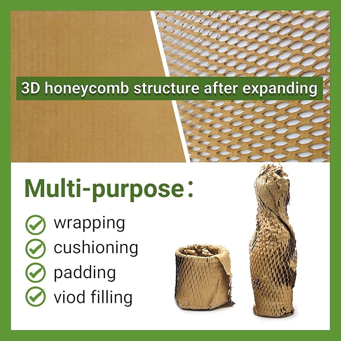 Dish Packing Kit Moving Supplies 15" x660' Honeycomb Wrapping Paper, Large Recyclable Expandable Bubble Cushion Wrap Roll Packing Material for Fragile Items Breakables Plate Glassware Bottle, 80GSM