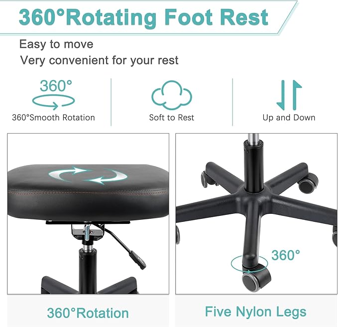 Footrest Stool Under Desk Adjustable Height and Tilt Angle Footrest Ottoman Ergonomic Foot Stool with Wheels 360° Rolling for Home Office (New Black)