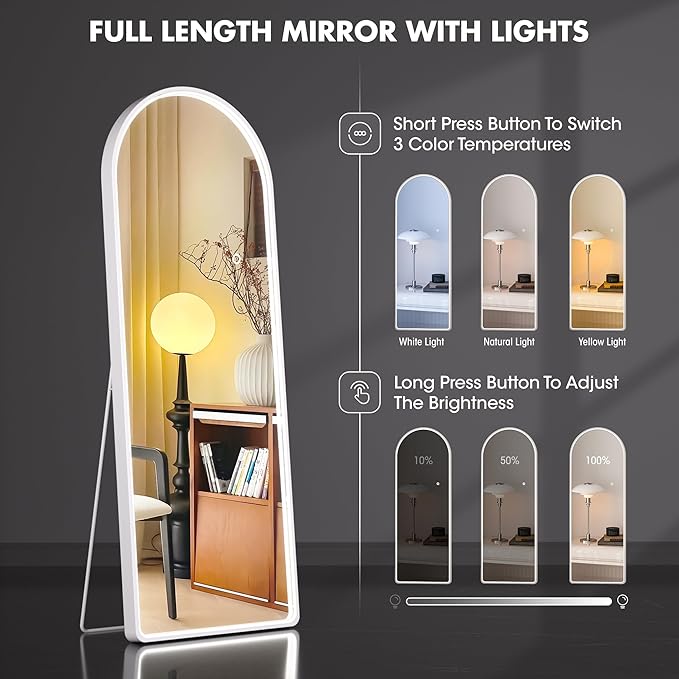 Hasipu 65" X 24" Full Length Mirror with Lights, White Frame Arch Led Mirror Full Length and 3 Colors Temperatures & Brightness Adjustable,Light Up Mirror Full Body for Bedroom Cloakroom Living Room