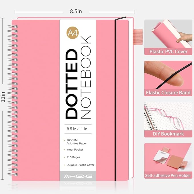 AHGXG Bullet Dotted Journal - Dot Grid Spiral Notebook 8.5" x 11", A4 Large Dotted Notebook, 100 GSM Thick Paper, Waterproof Plastic Cover Journals for Bullet Journaling, Sketching, Pink