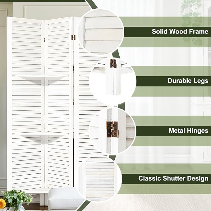 NicBex 6 Panel Room Divider 5.6FT Louvered Design Room Dividers with Display Storage Shelves Folding Privacy Screens Portable Freestanding Partition Wall Dividers for Home Bedroom Office, White