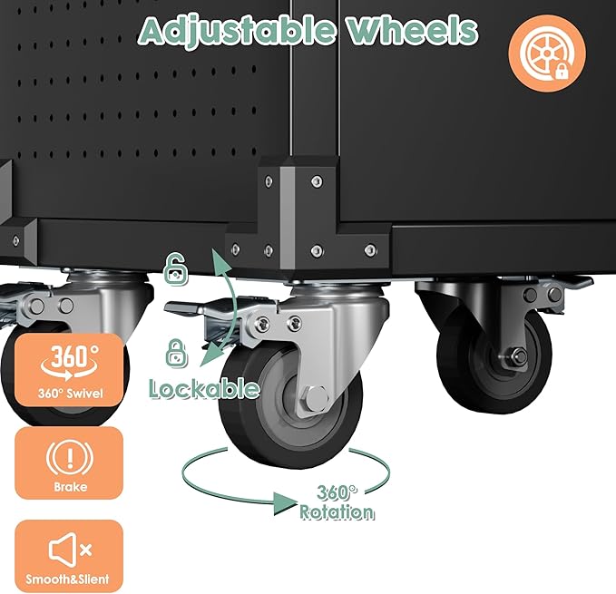 Garage Storage Cabinet, Metal Storage Cabinet with 1 Locking Door and 2 Drawers, Heavy Duty Rolling Workbench Table with Wheels and Pegboards for Garage, Office and Tool Room