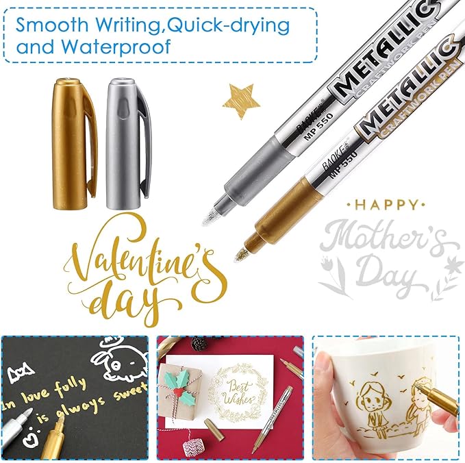 LOONENG Gold Marker Metallic, Fine Point Gold Markers Permanent Metallic for Adult Coloring, Black Paper, Scrapbook, Artist Illustration, Crafts, Gift Card Making, Fabric, DIY Photo Album, 8 Count