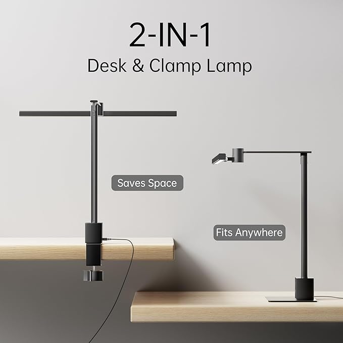 deeloop 2-in-1 LED Desk Lamp or Clamp with USB Charging for Home Office, CRI 95+ for Sunlight-Like Spectrum, 45° Asymmetric Glare‑Free Light, Memory Dimming Desk Light, Full‑Angle 3‑Axis Office Lamp