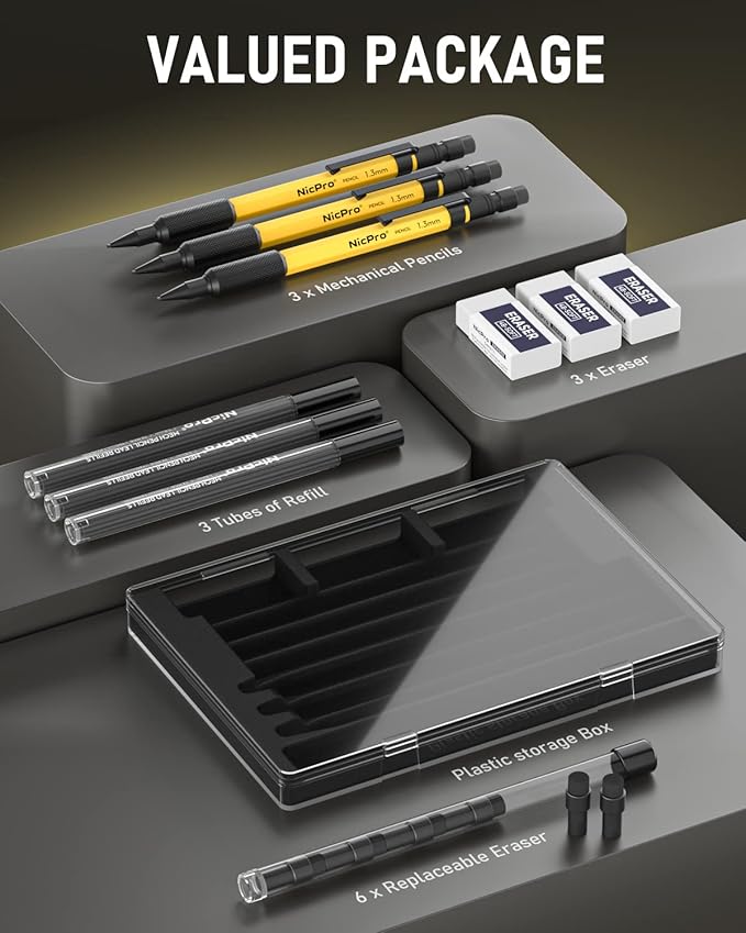 Nicpro 3 PCS 1.3 mm Mechanical Pencil Set with 72 Lead Refills, 3 Eraser - Weatherproof Metal Barrel, Heavy Duty Carpenter Pencil MP2000 for Outdoor Marking Drafting Drawing Woodworking - with Case