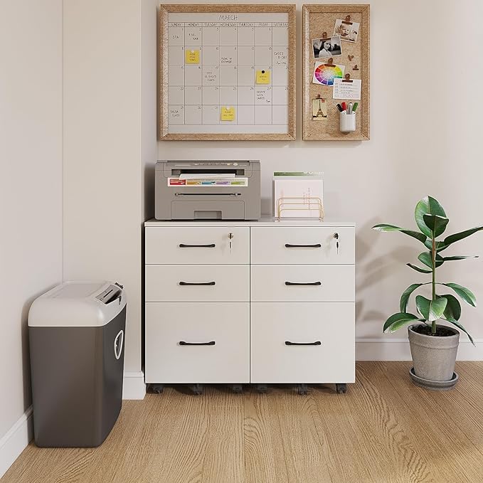File Cabinet With Lock, 3 Drawer Wood Rolling Filing Under Desk for Home Office, Storage Fits Letter/A4 Size, Mobile Printer Stand, White