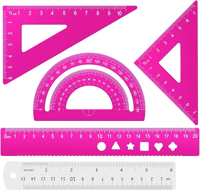 Honagu Triangular Ruler Set, 4+1Pieces Aluminum Alloy Ruler, Metal Drafting Ruler, Geometric Protractor for Students, School Office Supplies (Pink, 20cm)