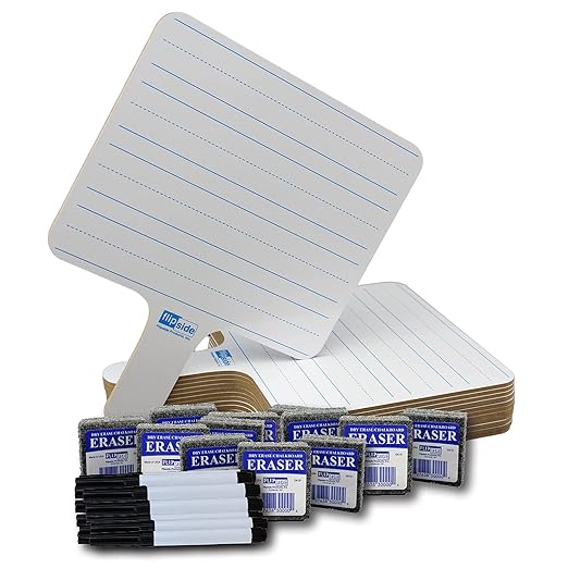Flipside Products - 7.75" x 10" Two-Sided (Lined Side/Blank White Side) Rectangular Dry Erase Writing Answer Paddles, 12 Pack + Black Markers + Erasers