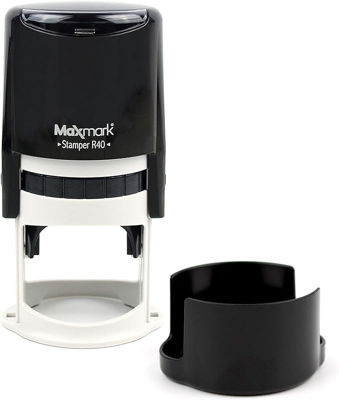 MaxMark Round Notary Stamp for State of Alabama- Self Inking Stamp - Top Brand Unit with Bottom Locking Cover for Longer Lasting Stamp - 5 Year Warranty