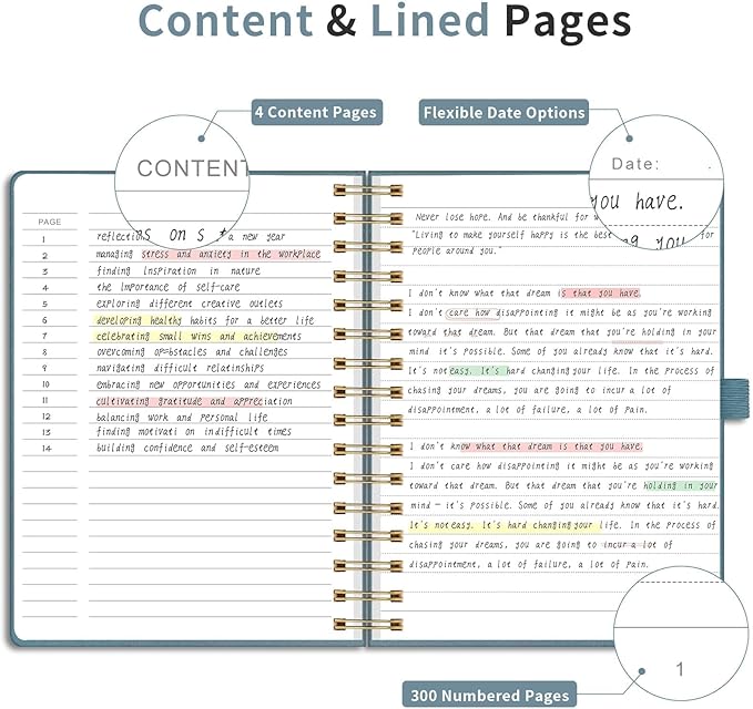 EMSHOI A5 College Ruled Spiral Notebook - 300 Numbered Pages, PU Hardcover Leather Journal with 100 GSM Thick Lined Paper for Work, Writing, Note-Taking, 5.7”x8.22” Portable Size, Gray Blue