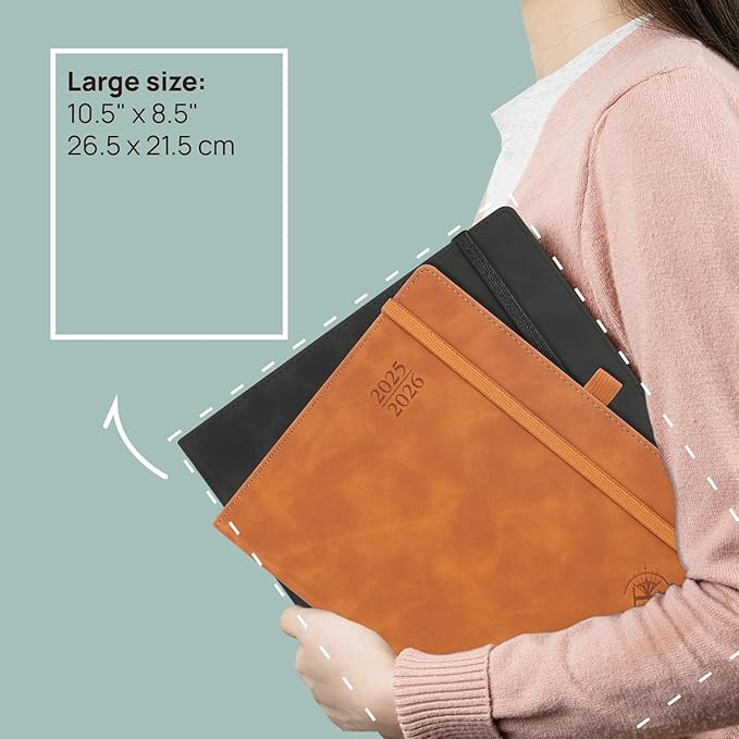 POPRUN Planner 2025-2026 Weekly Notebook (Large 8.5''x 10.5'') Academic Calendar (JUL.25 - JUN.26) Appointment Book with Monthly Tabs, Leather Soft Cover, Inner Pocket, 100 GSM - Claret