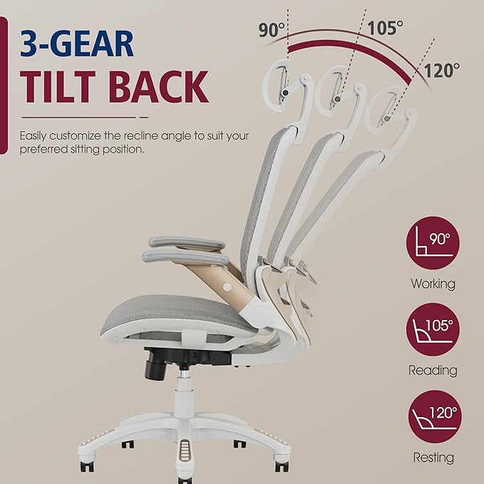 GABRYLLY Ergonomic Office Chair, High Back Home Desk Chair with Headrest, Flip-Up Arms, 90-120° Tilt Lock and Wide Cushion, Big and Tall Mesh Chairs for Man Woman, White Task Chair