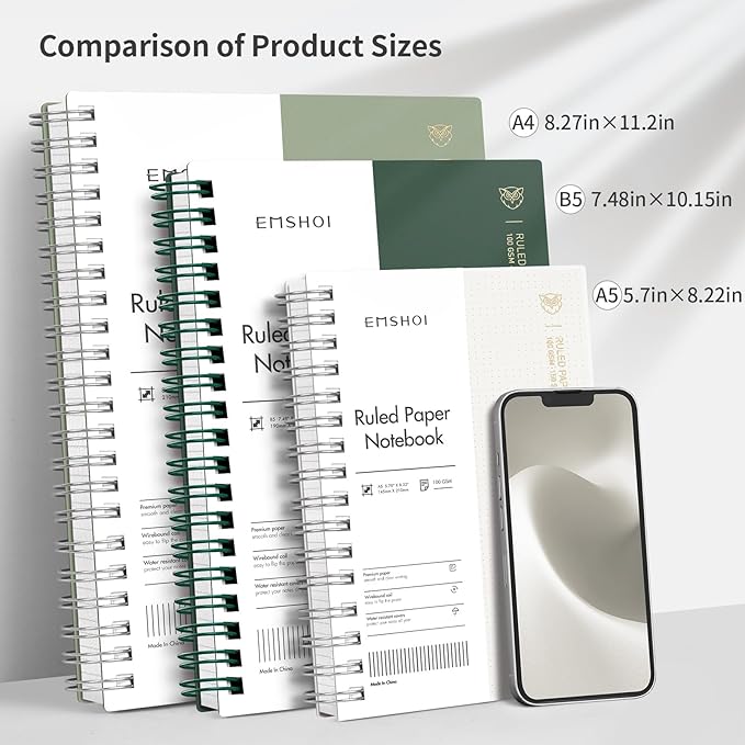 EMSHOI Lined Spiral Journal Notebook, A5 College Ruled Notebook, 300 Pages/150 Sheets, 100gsm Acid-Free Paper, Waterproof Softcover Notebook for School, Work, Note Taking, 5.7" × 8.22" - Light Green