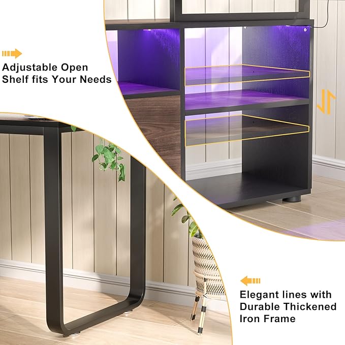 Homieasy L Shaped Desk with File Cabinet & Power Outlet, Reversible 55 Inch Large Corner Computer Desks with LED Strip, L-Shaped Computer Desk with Drawers and Storage Shelves, Espresso