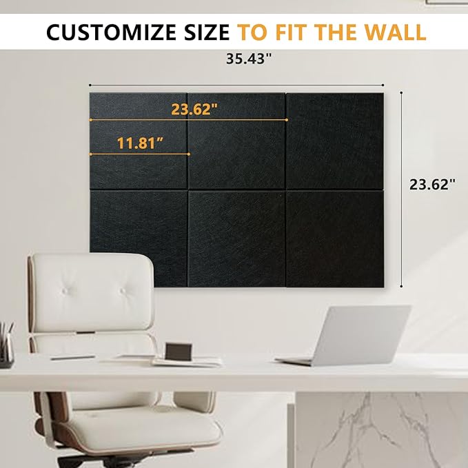 Large Cork Board for Wall with Pins, 36" x 24" Bulletin Board Self-Adhesive Pin Board | Customized 6 Packs Felt Tiles for Office Home Wall Decor, Black