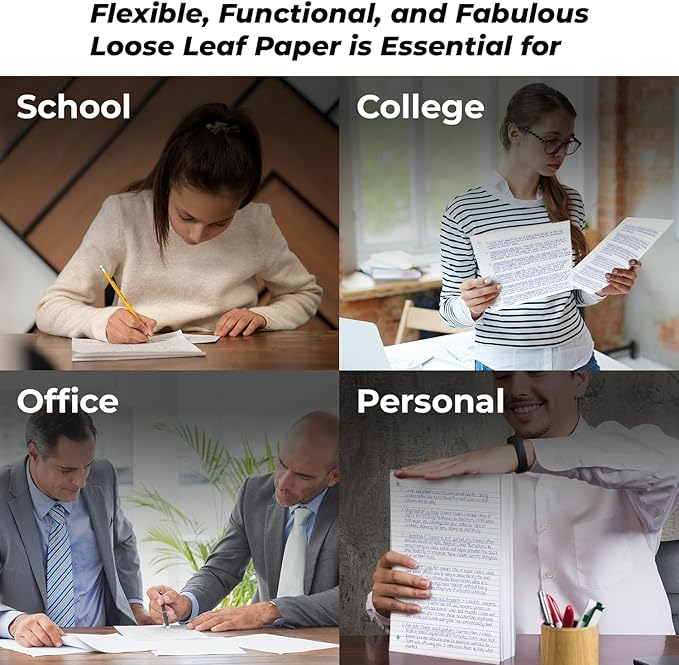 Loose Leaf Paper, 900 Sheets, 6 Pack, Wide Ruled, 8" x 10.5", 56 gsm Bulk Office Filler Sheets, 3 Hole Punched, 150 Sheets/Pack, Wide Ruled for 3 Ring Binder, Notebook Paper, White