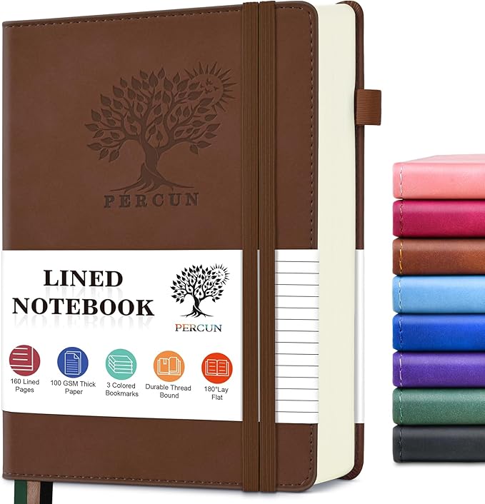 PERCUN Lined Journal Notebook for Men & Women, 160 Pages College Ruled Journal for Writing, A5 Hardcover Leather Notebooks for Work, School, Business, Travel, Daily Diary 5.9" x 8.5" - Brown