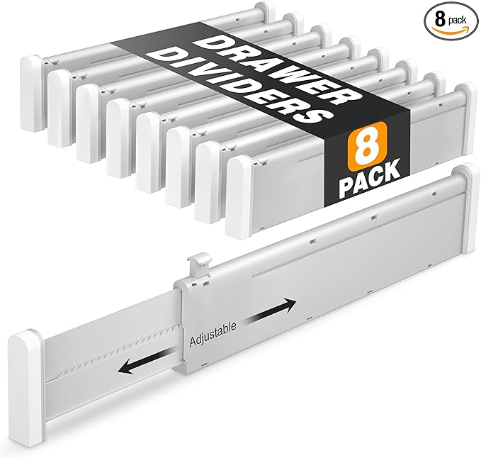 HiYZ Expandable Drawer Dividers - 12.6-22.8'' Adjustable Drawers Organizers for Kitchen Utensils, Drawer Separators in Bedroom, Dresser, Office, Bathroom, Fridge, 8 Pack Long Dividers-Gray