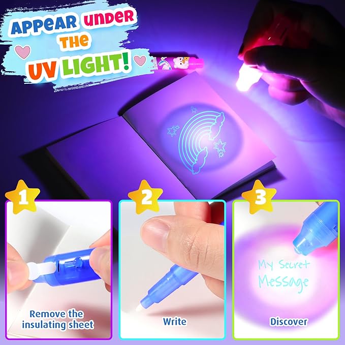 GIFTINBOX Invisible Ink Pen with UV Light for Kids, 12PCS Spy Pen Party Favors for Kids 8-12, Magic Marker for Secret Message, School Supplies Birthday Goody Bag Stuffers for Boys Girls