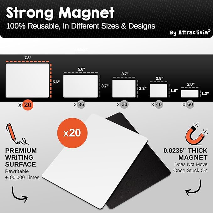 Dry Erase Magnetic Labels 7.3 x 5.6 in, Dry Erase Magnets, 20-Pack, White Erasable Write-On All-Purpose Labels, for Office, Education, Home, Whiteboard