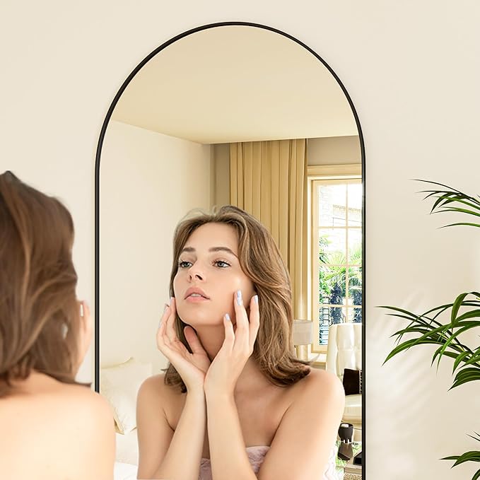 Hasipu 81" x 41" Arched Full Length Mirror Extra Large Wall Mounted Hanging or Leaning Mirror, Aluminum Frame Tempered Glass Rectangle Mirror, for Bedroom Living Room Cloakroom, Black