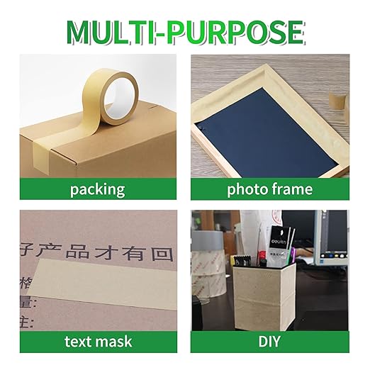 Eco-Friendly Kraft Paper Tape, Biodegradable Kraft Paper Tape, Recyclable Writable Packing Tape, Non-Coated Surface for Masking, Sealing, 2inch x 60yards, 6Rolls
