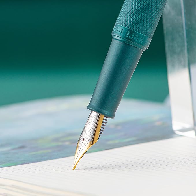 Hongdian Green Forest Fountain Pen Blade Nib Classic Design Calligraphy Pen with Converter and Metal Pen Case Set
