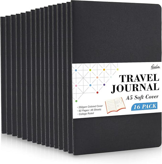 feela 16 Pack Soft Cover Journal Bulk, Lined Notebooks College Ruled for Work for Women Girl Writing, Blank Travel Journal Note Taking Notebook School Business Supplies, 8.2” x 5.5”, A5, Black