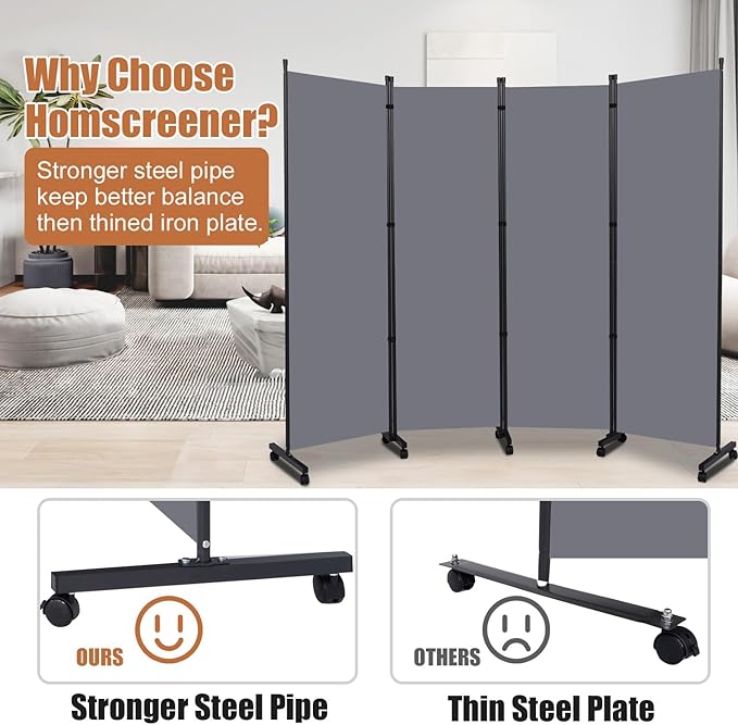 Room Divider Portable 88'' Partition Room Dividers and Folding Privacy Screens 4 Panel Wall Divider for Room Separation，Freestanding Fabric Room Divider Panel with Wheels for Home Office Hospital