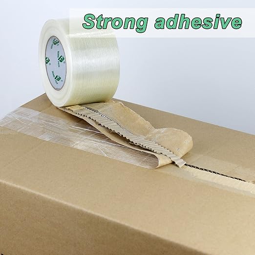 BOMEI PACK Fiber Reinforced Packing Tape 3 Inch, Heavy Duty Wide Strapping Tape, 4Rolls x 5.9Mil x 60Yds, Total 240Yds
