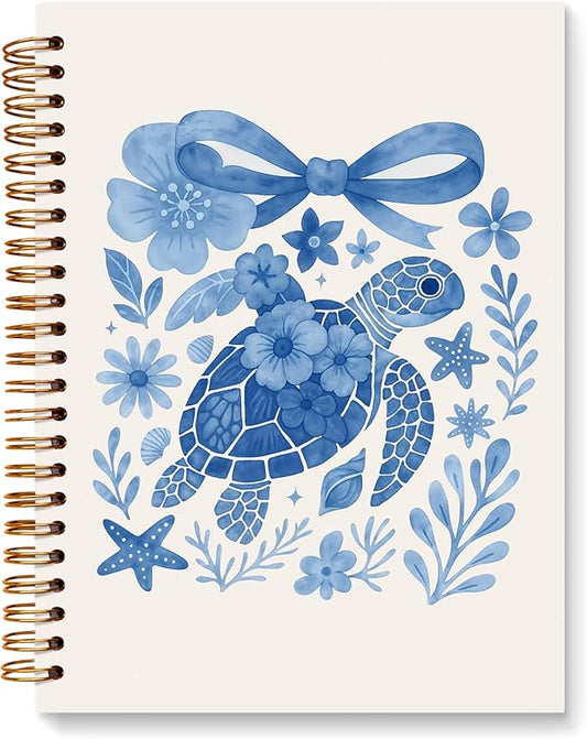 JXREQ Cute Blue Bow Sea Turtle Notebook Floral Journal Notebook for Women Note Taking Office School Supplise, Sea Turtle Gifts Journal for Women Turtles Lovers, Blue Spiral Notebooks 5.5x8.3