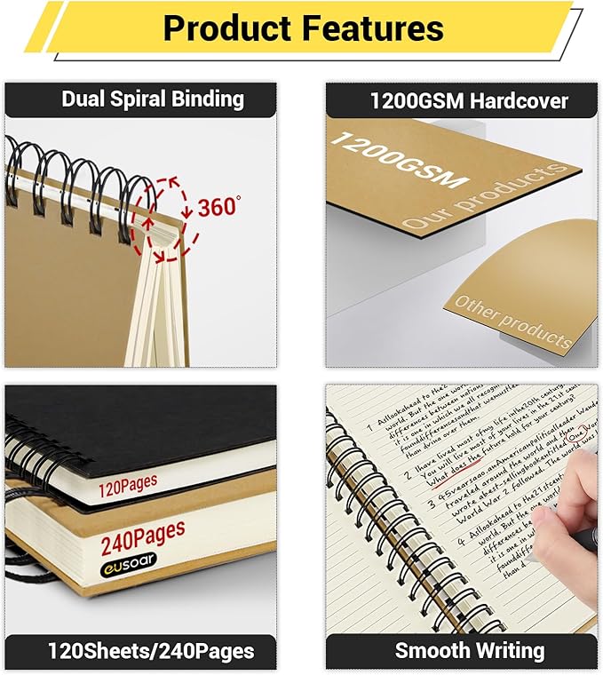 EUSOAR Notebooks Spiral, 1 Pack A5 5.5"x8.3" Hardcover College Ruled Lined Journal, 240 Pages(120 Sheets) Writing Pads Professional Notebook for DIY Note Taking School Business Work Office Diary