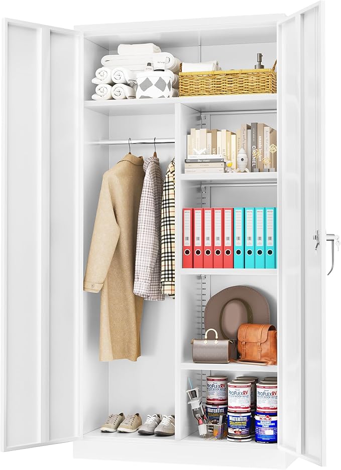 Greenvelly Metal Storage Cabinet Locker with Locking Doors,72" Metal Wardrobe Cabinet, Steel Storage Wardrobe with Hanging for Home Office, Garage, School, Gym（White 36" ×18"）
