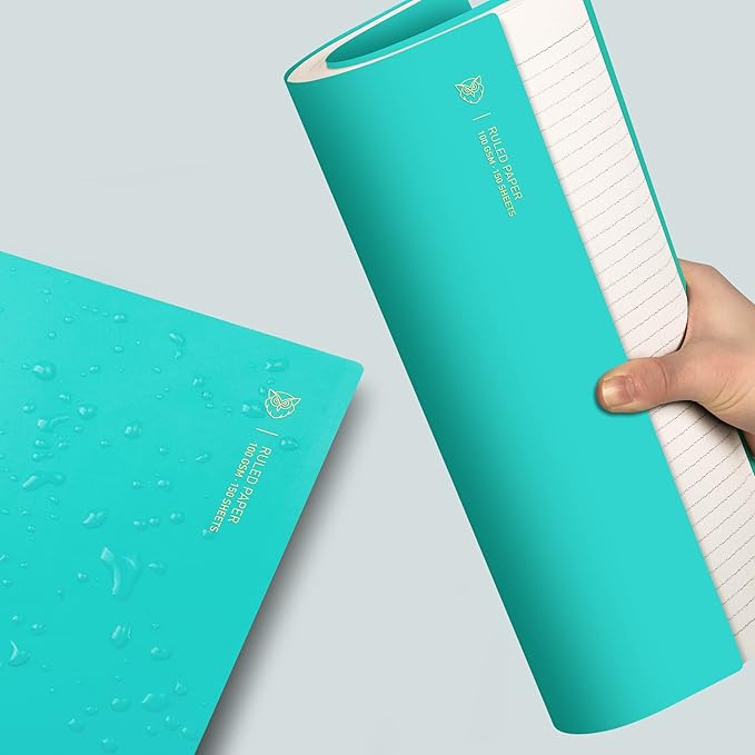 EMSHOI A4 Spiral Notebook College Ruled Lined Journal, 11.2" x 8.27", 300 Pages, 100gsm Thick Paper, Waterproof Softcover, Twin-Wire Binding, Sticky Notes, LightBlue