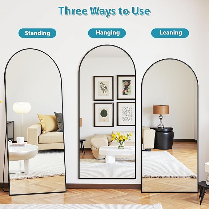 Full Length Mirror, 71"x32" Oversized Floor Mirror Freestanding, Full Body Mirror Floor Standing Mirrors with Stand, Hanging Mounted Mirrors for Bedroom Living Room, Black, Arched Style
