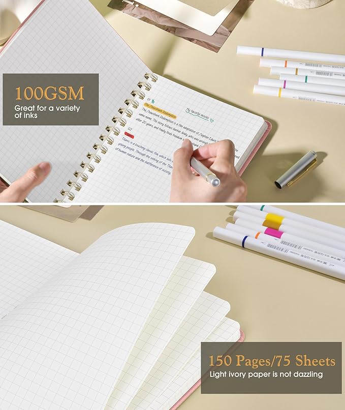 Graph Spiral Journal Notebook, A5 Hardcover Spiral Journals for Women Men, 100 GSM Graph Paper Notebooks, 150 Pages Spiral Bound Grid Notebook for Writing Note Taking Work 5.75" x 8.38", Blush Pink