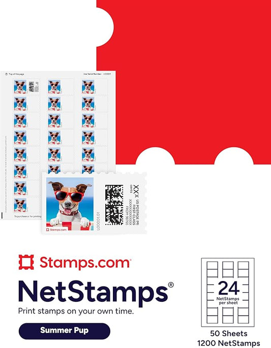 Summer Pup NetStamps 1200-Pack (50 Sheets) Printable Postage Labels (Stamps.com Subscription Required) - Print Approved Postage - Inkjet & Laser Printers - Business, Personal, Home