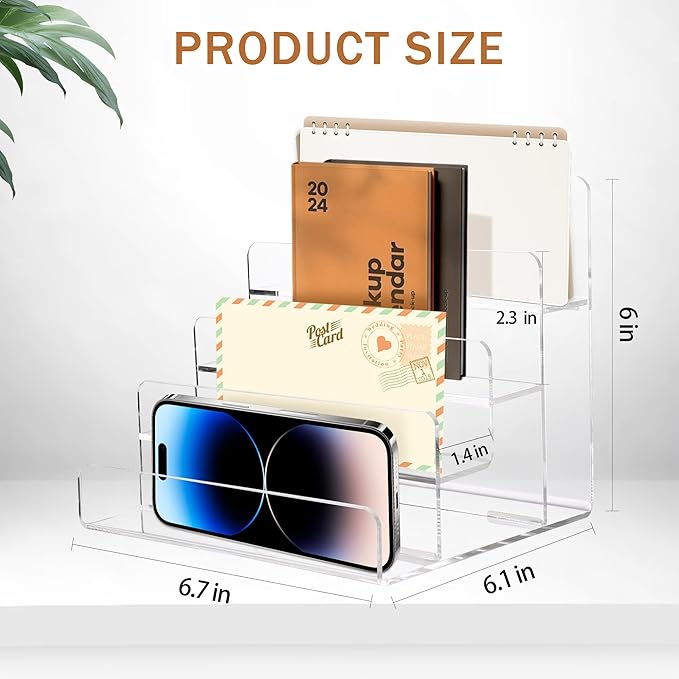 Mail Organizer Countertop, 4 Tier Clear Acrylic Mail Holder, Small Desk File Storage Holders for Bill, Envelope, Letter Sorter