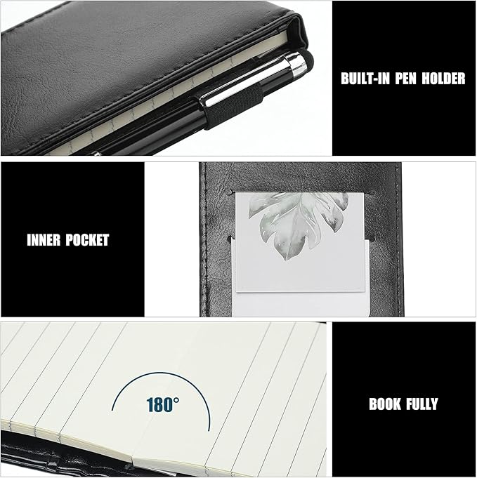 Outus 10 Pcs Pocket Notebook with Pen Set Included Mini Pocket Notepad Holder with 50 Lined Sheets, Metal Pen, 8 Pcs 3 x 5 Inch Memo Book Refills, 30 Lined Paper Per Note Pad (Black)
