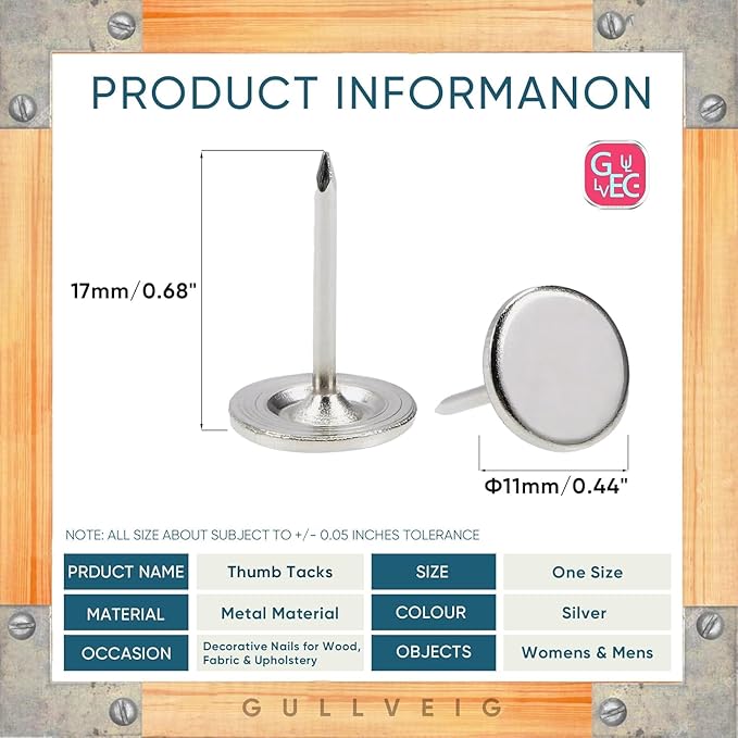 Gullveig Silver Push Pins - 100 Piece Set in Elegant Metallic Finish - Durable Metal Thumb Tacks, Reusable Paper Box - Perfect for Home, Office, and DIY Projects - Ф11mm x 17mm