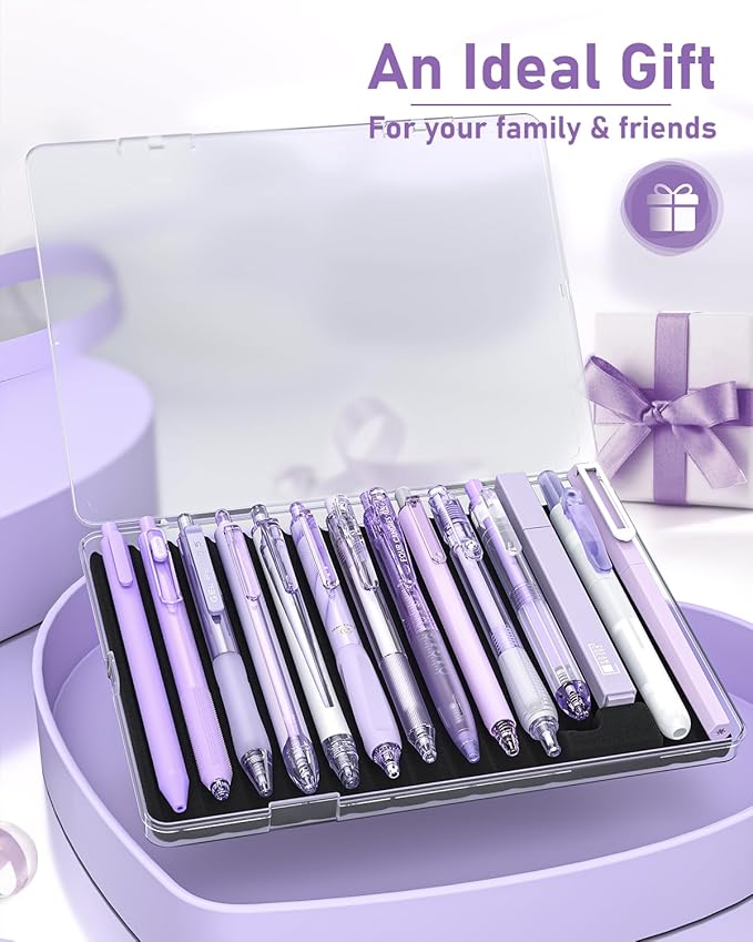 Four Candies 14Pack Pastel Gel Ink Pen Set,Cute Retractable 0.5mm Fine Point Pen,11 Pack Black Ink and 1 Pc Purple Ink Pens with 2Pcs Highlighter for School, Office, Mothers Day Gifts(Purple)