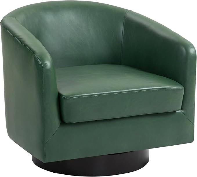 UIXE Faux Leather Swivel Accent Chair with Wood Base, Modern Upholstered Barrel Chairs for Living Room, Comfy Round Armchair Single Sofa Bedroom Reading Seat - 31" W, Green