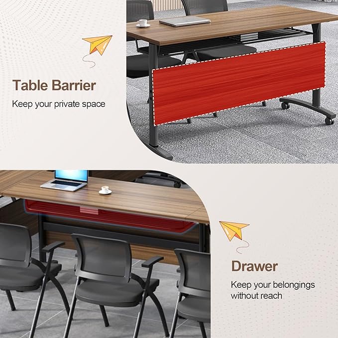 Folding Conference Room Table, Modern Conference Tables with Wheels, Large Rectangular Mobile Training Tables for Office Classroom, Foldable Modular Boardroom Seminar Table Walnut (2pack L55.1in)